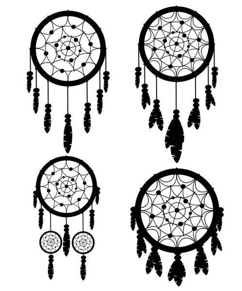 Sílhueta Preta Conjunto Quatro Dreamcatcher Nativo Americano Talismã Indiano Desenho —  Vetores de Stock