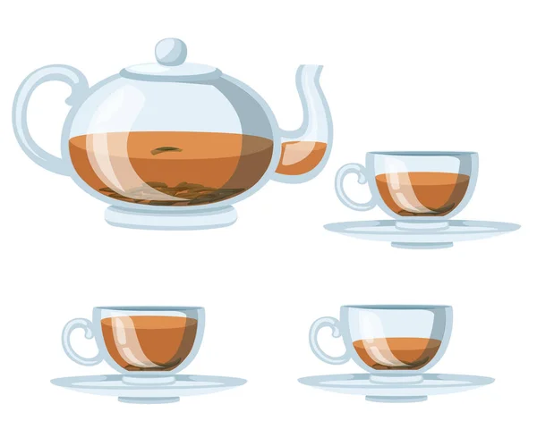透明なガラスのティーポットと紅茶とカップ デザイン 包装の煎茶または紅茶 白い背景で隔離のフラット ベクトル図 — ストックベクタ