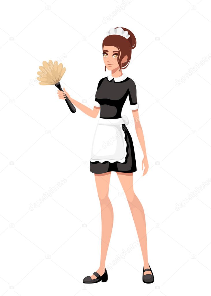 Beautiful smiling maid in classic french outfit. Cartoon character design. Women with brown short hair. Maid holding duster brush. Flat vector illustration isolated on white background.