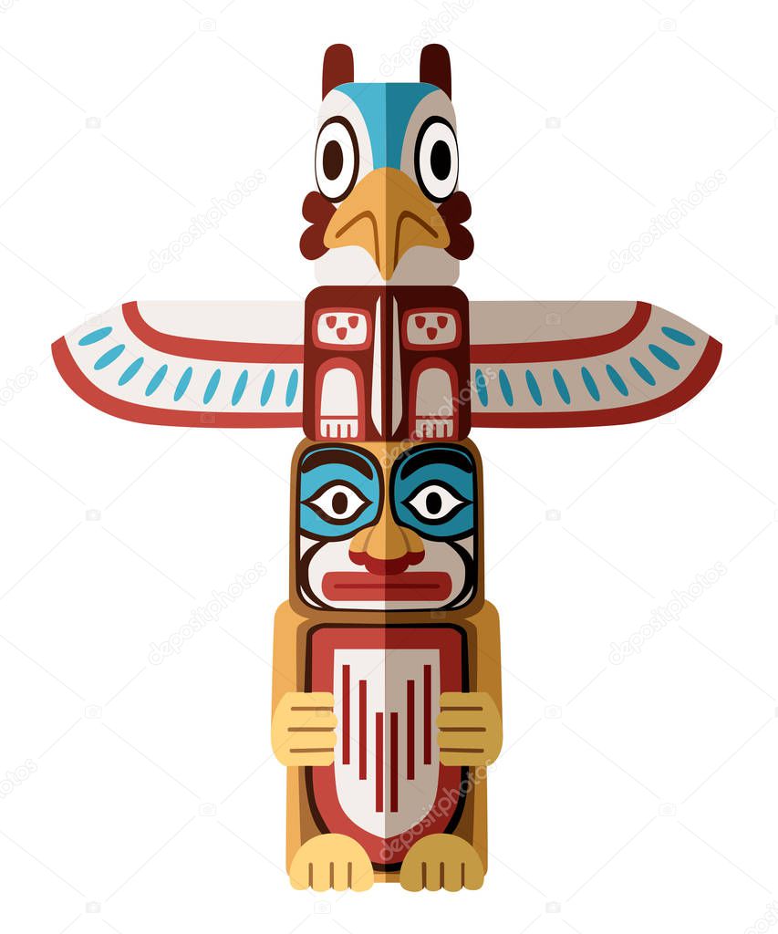 Colored Indian Totem. Wooden object symbol animal plant representation family clan tribe. Flat vector illustration isolated on white background.