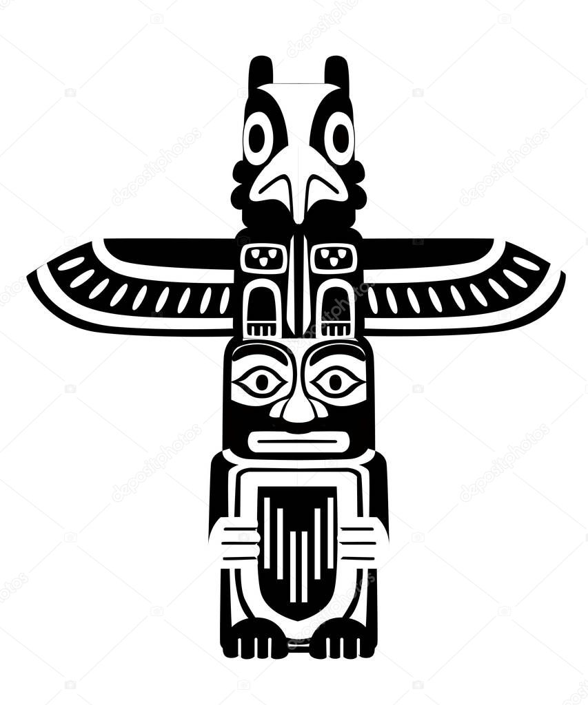 Black silhouette. Indian Totem. Wooden object symbol animal plant representation family clan tribe. Flat vector illustration isolated on white background.