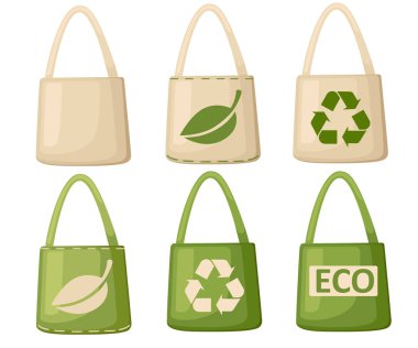 Yeşil ve bej kumaş bez ya da kağıt çanta. Geri dönüşüm ile yeşil çanta yaprak ve Eko simgeler. Yerine plastik torbalar. Dünya ekoloji kaydedin. Beyaz arka plan üzerinde izole düz vektör çizim.