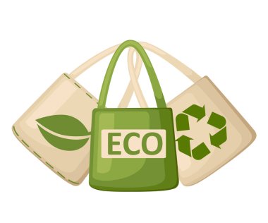Yeşil ve bej kumaş bez ya da kağıt çanta. Geri dönüşüm ile yeşil çanta yaprak ve Eko simgeler. Yerine plastik torbalar. Dünya ekoloji kaydedin. Beyaz arka plan üzerinde izole düz vektör çizim.