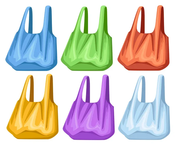 一套彩色的空塑料袋 塑料购物袋 有把手 在白色背景查出的平的向量例证 — 图库矢量图片