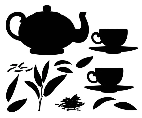 Fekete Sziluettje Friss Tea Levelek Halom Száraz Tea Átlátszó Üveg — Stock Vector