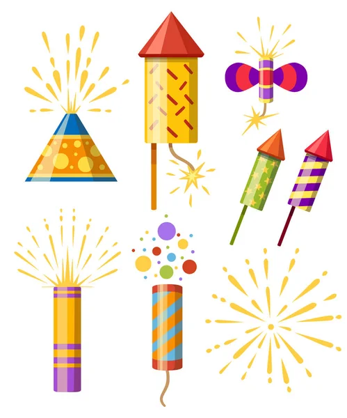 Collection Firecracker Pyrotechnic Colorful Icon Set Firework New Year Celebration — Stock Vector