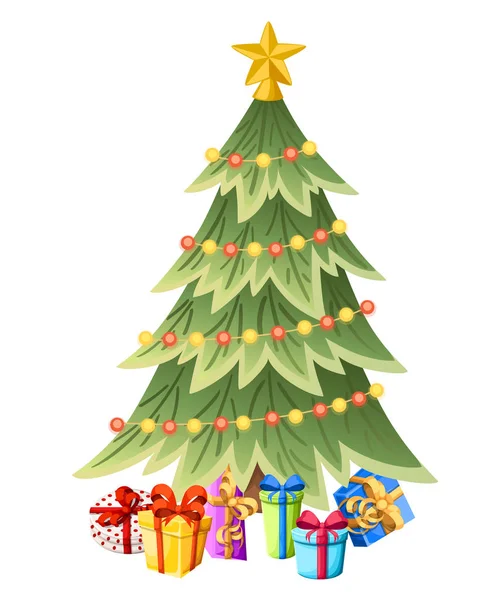 Zdobené Vánoční Strom Dárkové Krabičky Hvězda Světla Dekorace Koule Veselé — Stockový vektor