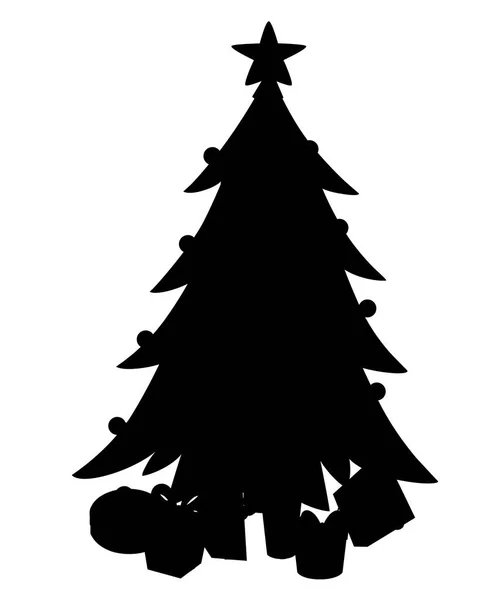 Silhouette Nera Albero Natale Decorato Con Scatole Regalo Stella Luci — Vettoriale Stock