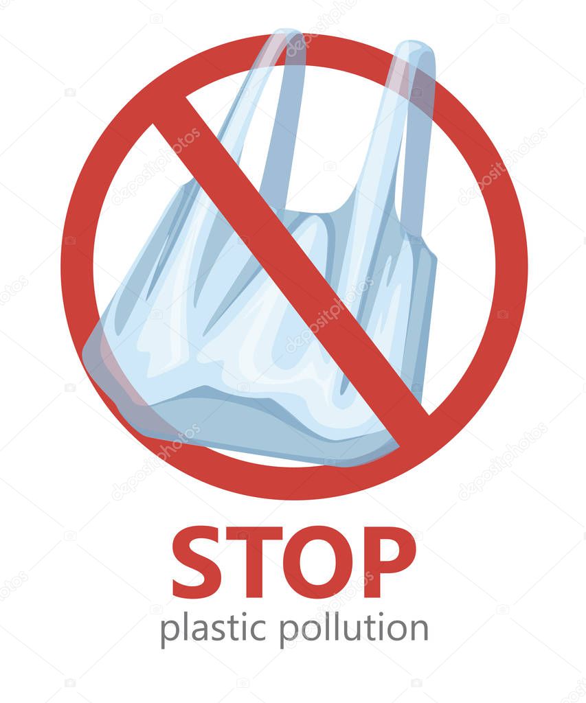 Stop plastic pollution. No plastic bags symbol. Saving ecology logo. Flat vector illustration on white background.