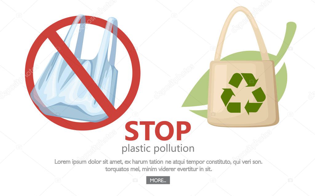 Stop plastic pollution. No plastic bags symbol. Saving ecology logo. Beige fabric cloth or paper bag with green leaf on background. Flat vector illustration on white background.