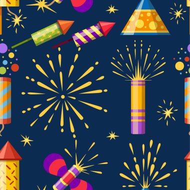 Seamless modeli. Kestane fişeği topluluğu. Piroteknik renkli simge seti. Yeni yıl kutlaması için havai fişek. Koyu mavi zemin üzerine düz vektör çizim.