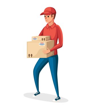 Posta kurye. Teslimat çalışan iki karton kutuları tutarak. Çizgi film karakter tasarımı. Kırmızı posta üniforma. Parsel ve paketlerin teslimini. Beyaz arka plan üzerinde izole düz vektör çizim.