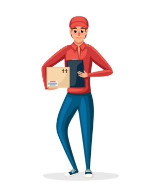 Posta kurye. Karton kutu tutarak teslim işçi. Çizgi film karakter tasarımı. Kırmızı posta üniforma. Parsel ve paketlerin teslimini. Beyaz arka plan üzerinde izole düz vektör çizim.