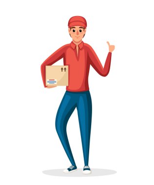 Posta kurye. Karton kutu tutarak teslim işçi. Çizgi film karakter tasarımı. Kırmızı posta üniforma. Parsel ve paketlerin teslimini. Beyaz arka plan üzerinde izole düz vektör çizim.