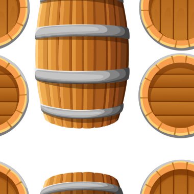 Seamless modeli. Ahşap varil metal grupları ile. Şarap ya da bira fıçısı. Beyaz arka plan üzerinde düz vektör çizim.