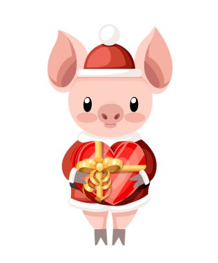 Sevimli domuz Noel Noel Baba kostüm. Çizgi film karakter tasarımı. Küçük kalp şeklinde hediye kutusu tutar. Pembe hayvan maskotu. Beyaz arka plan üzerinde izole düz vektör çizim.