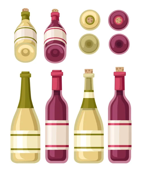 Колекція Пляшок Червоного Білого Вина Скляної Чашки Пляшка Етикеткою Плоска — стоковий вектор