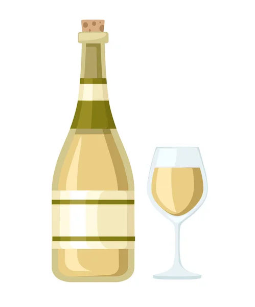 Botella Vino Blanco Copa Vidrio Botella Con Etiqueta Ilustración Vectorial — Archivo Imágenes Vectoriales