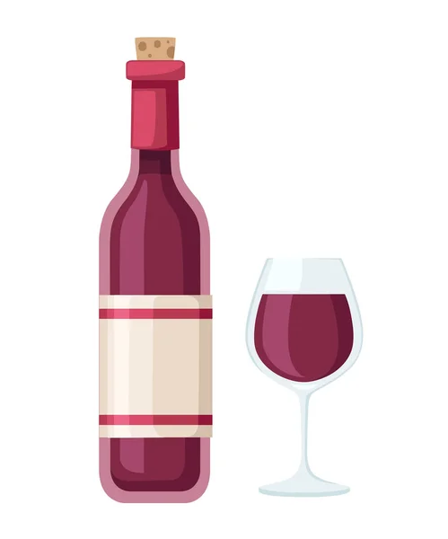 Rotweinflasche Und Glasbecher Vorhanden Flasche Mit Etikett Flache Vektordarstellung Isoliert — Stockvektor