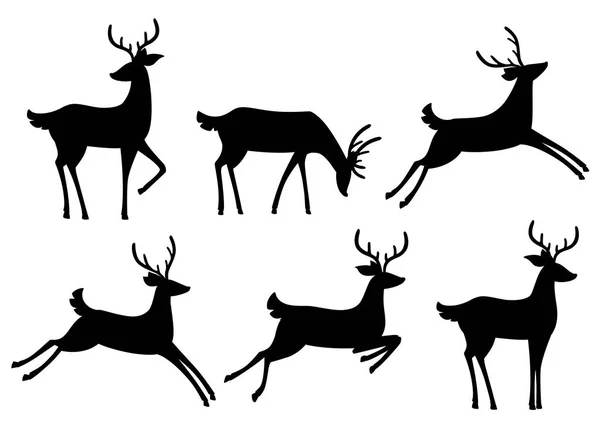 黑色剪影图标集合 棕色的鹿 有蹄类反刍动物 卡通动物设计 可爱的鹿鹿角 在白色背景查出的平的向量例证 — 图库矢量图片