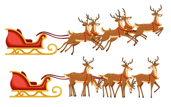 Traîneau Père Noël Groupe Cerfs Illustration Vectorielle Plate Isolée Sur — Image vectorielle