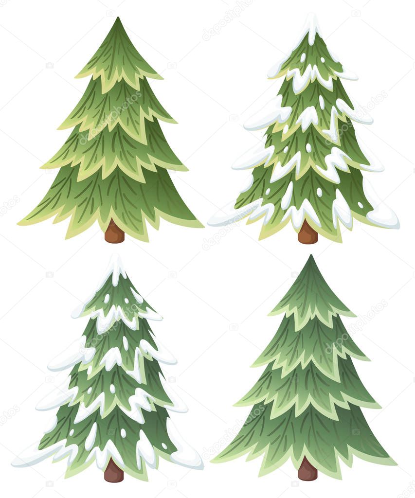 Collection of green spruce trees. Evergreen flat style. Christmas tree in the snow. Vector illustration isolated on white background.