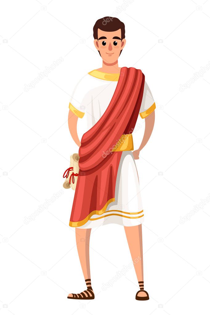 Roman senator or citizen. Cartoon character design. SPQR, man with scrolls. Flat vector illustration on white background.