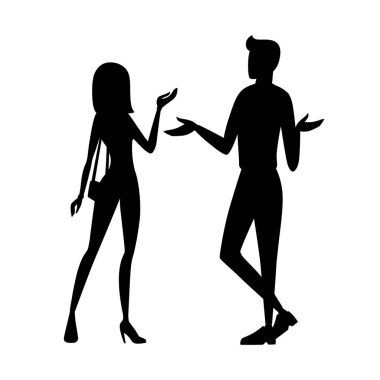 Siyah siluet. Beyaz pantolonlu ve mavi kazak duran adam. Mavi kot ve pembe kazak ayakta kadınlar. Yüz tasarımı yok. Beyaz arka planda izole karikatür düz illüstrasyon.