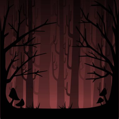 Kırmızı sis ile koyu orman. Oyun veya Web sitesi kavramı için puslu Woods. Sisli orman. Düz vektör çizim.