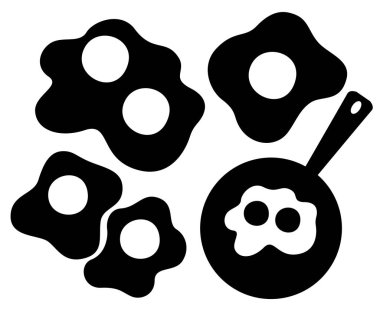 Siyah siluet. Tava, üst görünüm. Kızarmış yumurta ile Pan. Beyaz arka planda izole düz vektör illüstrasyon.