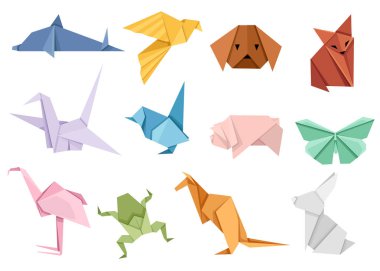 Origami Japon hayvan seti. Modern hobi. Beyaz arka planda izole düz vektör illüstrasyon. Renkli kağıt hayvanlar, düşük Çokgen tasarım.