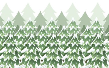Yeşil ladin manzara. Yeşil Ladin ağaçları koleksiyonu. Evergreen düz tarzı. Karda Noel ağacı. Beyaz arka planda vektör Illustration.