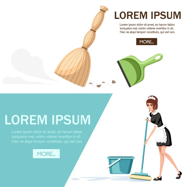 Beautiful smiling maid in classic french outfit. Cartoon character design. Classic broom and green plastic scoop. Chambermaid cleaning floor with mop. Flat vector illustration on white background.