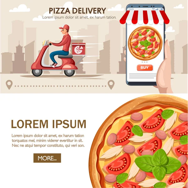 赤いレトロなスクーターのピザ宅配便 携帯アプリの配達人 配達サービス オンラインフードレストラン 都市の風景を持つフラットベクトルイラスト ウェブサイトページとモバイルアプリのデザイン — ストックベクタ
