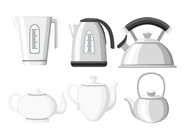 Moderne Wasserkocher Und Teekanne Ikone Sammlung Edelstahl Kunststoff Und Keramik — Stockvektor