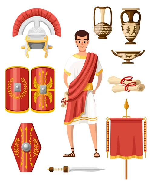 Colección Iconos Romanos Antiguos Estilo Vector Plano Ropa Romana Armadura — Vector de stock