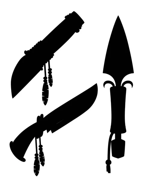 黑色剪影 一套美国印第安人的匕首和刀具 冷钢臂与皮革和羽毛设计 在白色背景查出的平的向量例证 — 图库矢量图片