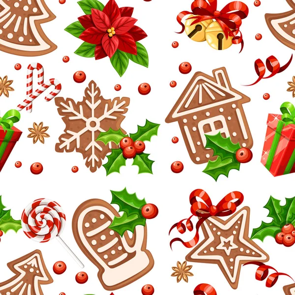 Gingerbread Çerezleri Dikişsiz Desen Tebrik Kartı Için Noel Kavramı Beyaz — Stok Vektör