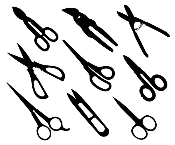 Черный Силуэт Коллекция Различных Моделей Ножниц Режущие Инструменты Ножницы Волос — стоковый вектор