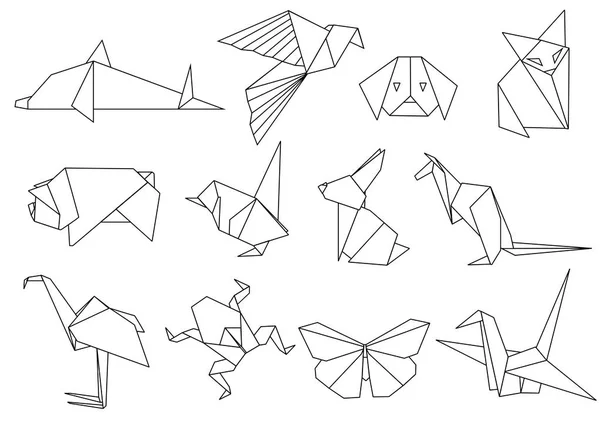 Line Design Origami Japanese Animal Set Modern Hobby Flat Vector — Stock Vector