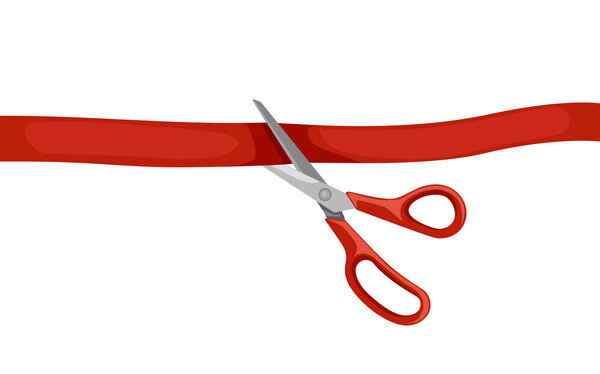 Red scissors cut red tape. Opening ceremony. Flat vector illustration isolated on white background.