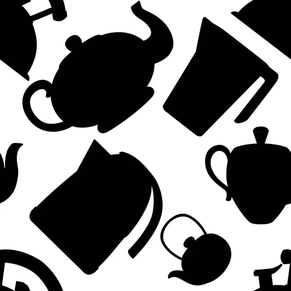Черный Силуэт Бесшовный Шаблон Современный Чайник Коллекция Икон Чайник Кухонные — стоковый вектор