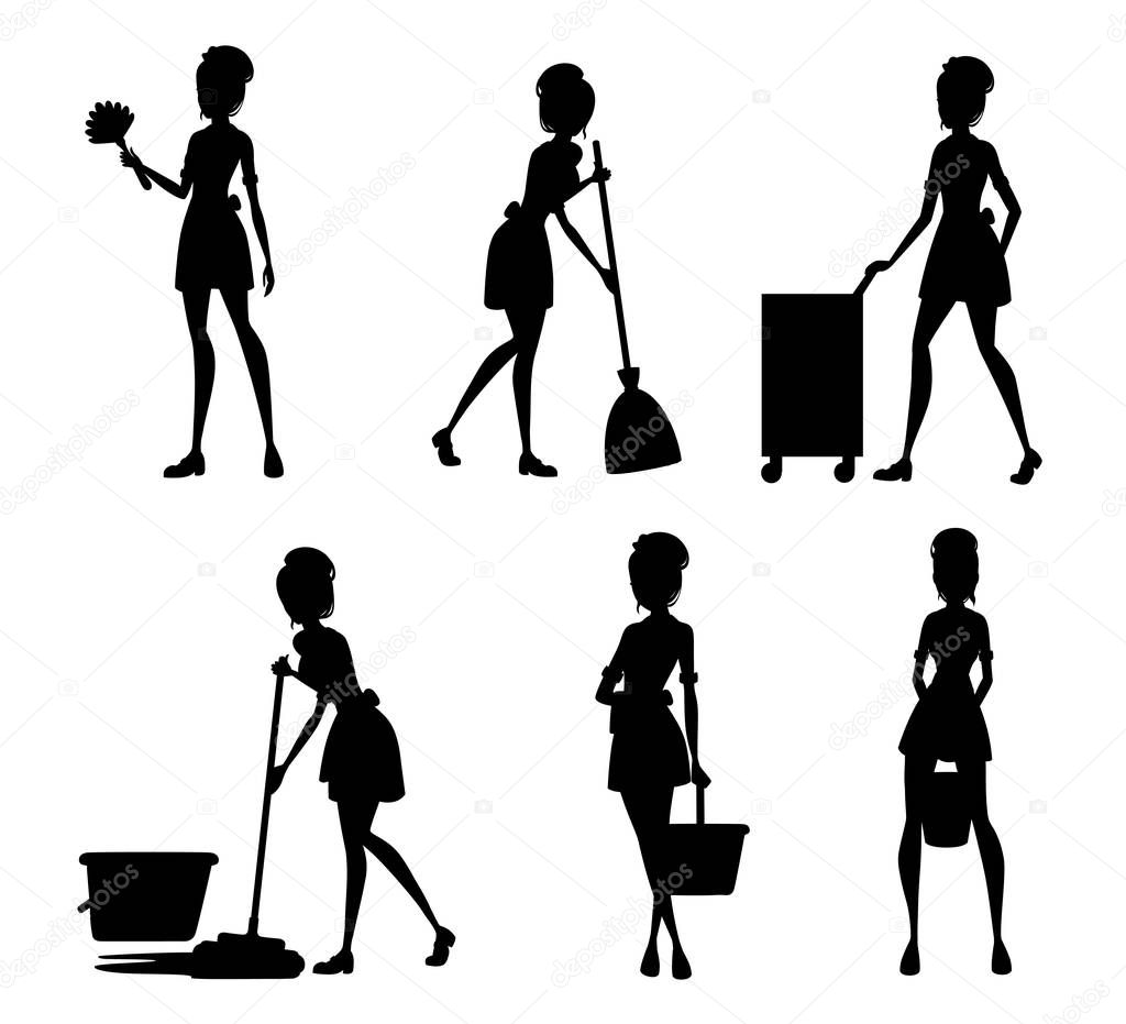 Black silhouette. Collection of maids in french outfits. Hotel staff engaged in performance of service duties. Chambermaid cleaning floor with mop. Vector illustration isolated on white background.