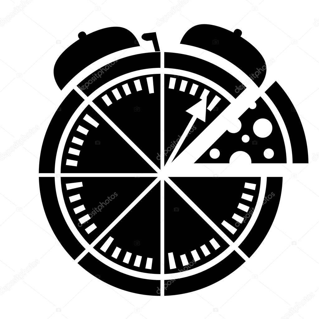 Black silhouette. Express pizza delivery icon. Stopwatch food delivery. Flat vector illustration isolated on white background.