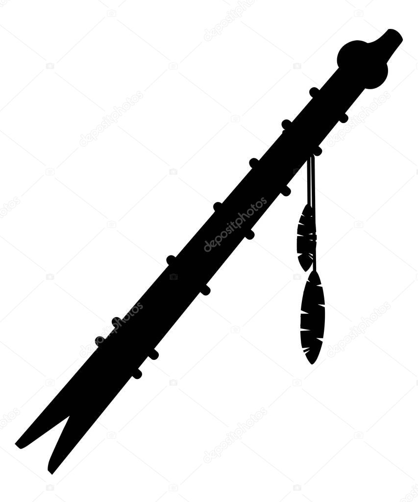 Black silhouette. Wooden flute with Native american pattern. Musical instrument with feathers. Flat vector illustration isolated on white background.