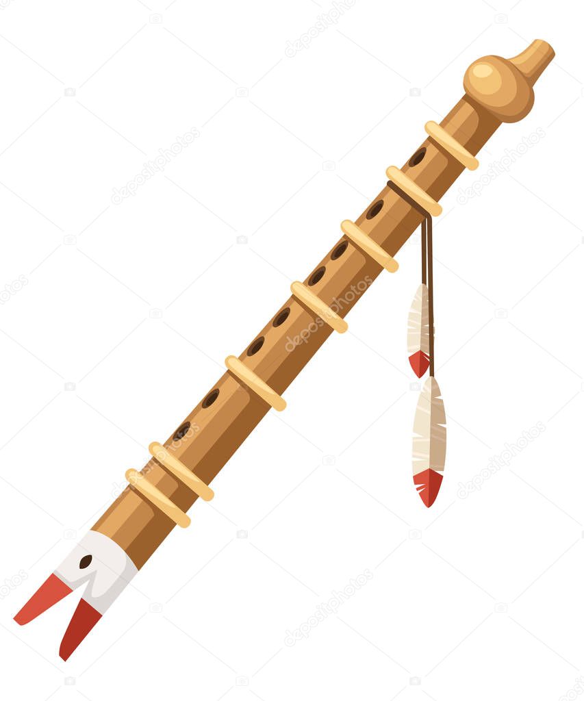 Wooden flute with Native american pattern. Musical instrument with feathers. Flat vector illustration isolated on white background.