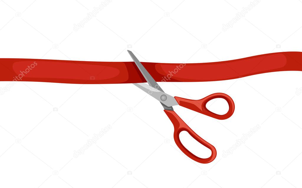 Red scissors cut red tape. Opening ceremony. Flat vector illustration isolated on white background.