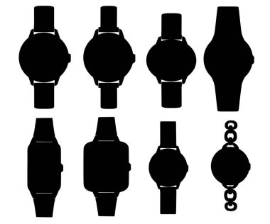Siyah siluetleri. Farklı stil ve renkli bilek saatleri seti. Erkek ve kadınlar koleksiyonu izliyor. Beyaz arka planda izole düz vektör illüstrasyon.