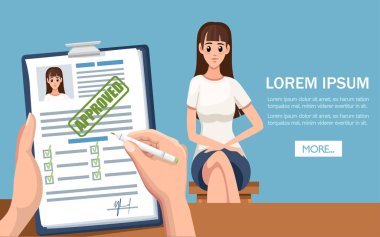 Reddedilen ve onaylanmış damgalı uygulama belgeleri. Reddedilen ve onay başvurusu veya özgeçmiş. Onay kutuları ve fotoğraf ile kağıt formu. Mavi arka planda düz vektör illüstrasyon. Metin için Yerleştir.