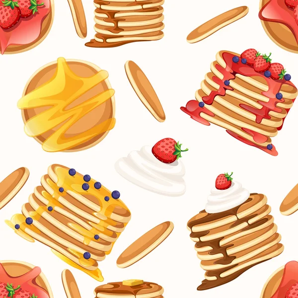 シームレスなパターン トッピングが異なる4つのパンケーキセット ホワイトプレートにパンケーキ シロップまたは蜂蜜でベーキング 朝食のコンセプト 白の背景にフラットベクトルイラスト — ストックベクタ